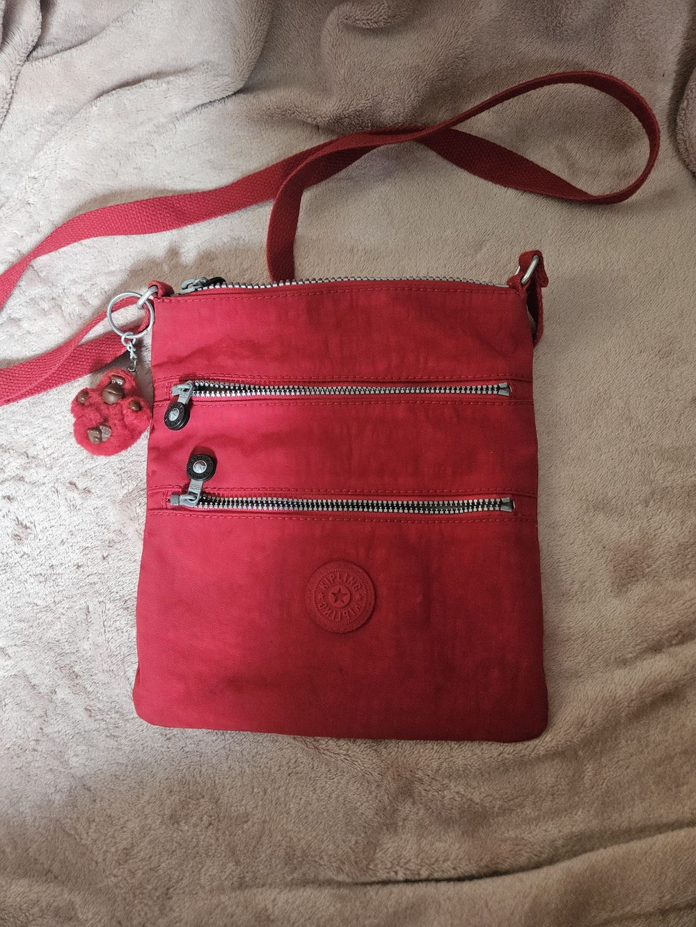 Kipling Bright Red Crossbody Bag with Keychain Accent